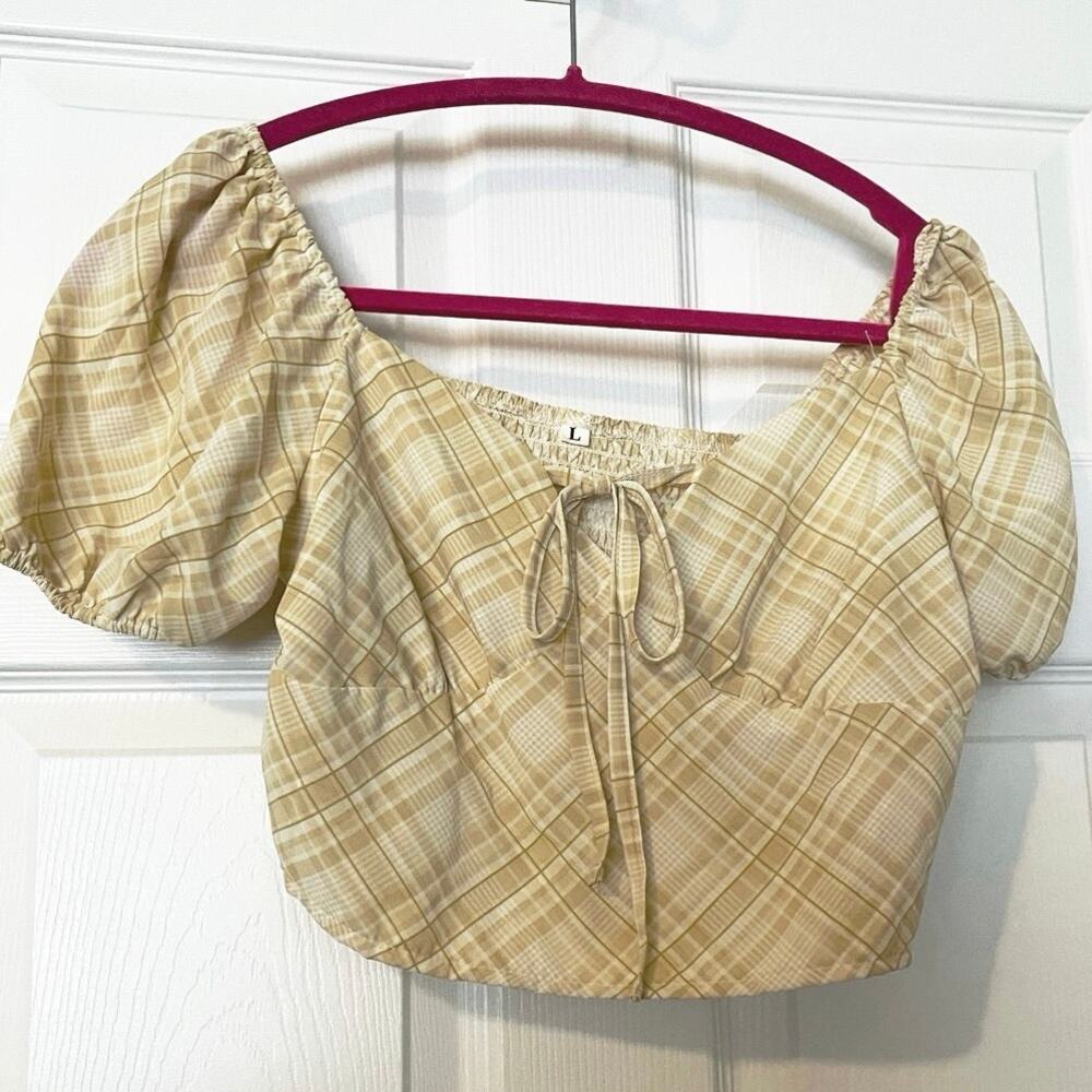 Yellow Plaid Cropped Top Puff Elastic Sleeve Elastic Back Size Large
